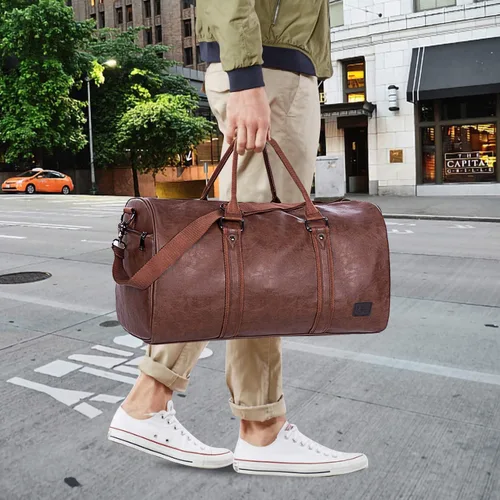 Vista 12 de Bolsa de viaje de cuero con bolsa para zapatos, bolsa impermeable para fin de semana, bolsa de lona de mano para hombres y mujeres, color negro