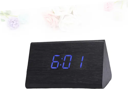 Vista 4 de Moderno reloj de escritorio LED de madera con control de sonido, pantalla digital grande, alarma con función de repetición, termómetro