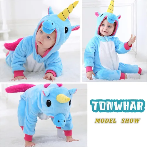 Vista 4 de TONWHAR - Disfraz para niños y bebés, disfraz de dinosaurio, tigre, animal, atuendo de fantasía, mameluco con capucha Azul (Blue Unicorn)