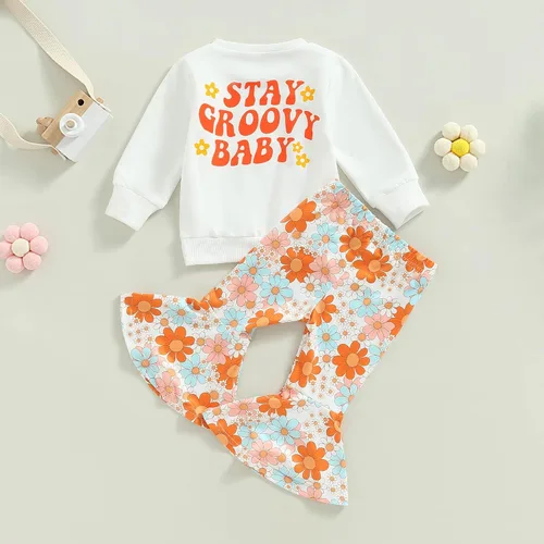 Vista 7 de Lamuusaa Sudadera con cuello redondo y estampado de letras para bebé, pantalones acampanados, ropa de cumpleaños, 6M-5T