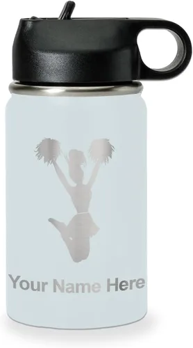 Vista 53 de LaserGram Botella de agua con tapa abatible de doble pared de 12 onzas con pajita, animadora, grabado personalizado incluido (negro)