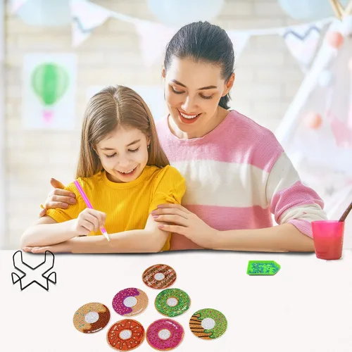 Vista 2 de Kit de posavasos de arte de diamante con soporte, 8 posavasos de arte de diamante para adultos, niños, principiantes, regalos de manualidades (donas)