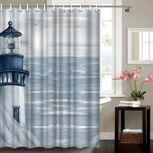 Vista 4 de Cortina de ducha con diseño de faro, decoración de baño, 72 x 72 pulgadas, diseño náutico de paisaje marino, tela de poliéster, con ganchos CRT355