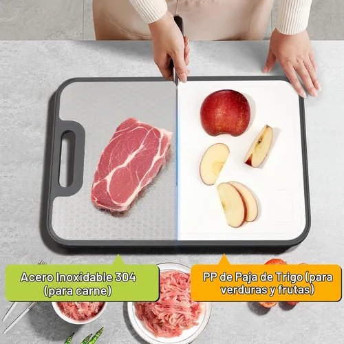 Vista 2 de Tabla de cortar de acero inoxidable, doble cara con paja de trigo PP, diseño de cubo 3D antideslizante, tabla de cortar grande de 15.75 x 11