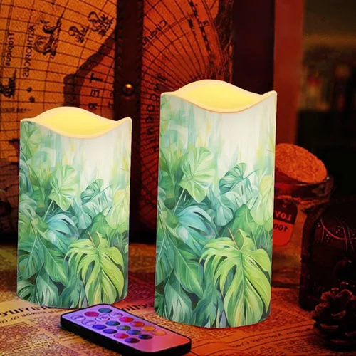 Vista 5 de Ystardream Velas sin llama de hojas tropicales con control remoto que funcionan con pilas, velas LED realistas con control remoto y temporizador