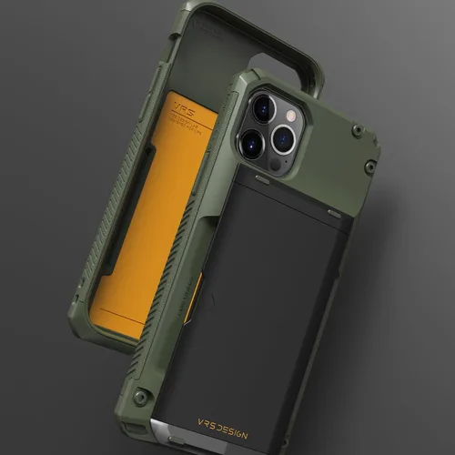 Vista 8 de VRS Design Damda Glide Pro funda compatible con iPhone 12/12 Pro, con espacio para 4 tarjetas, prémium, resistente, tarjetero semiautomático Verde