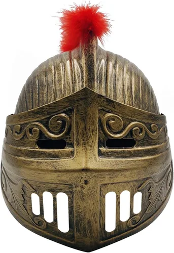 Vista 8 de LOOYAR Casco medieval de caballero soldado soldado con sombrero con pluma roja y máscara facial plegable para juego de batalla, Halloween, cosplay