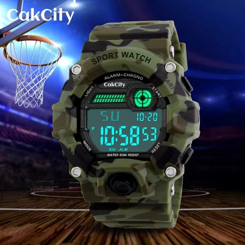 Vista 5 de Reloj deportivo LED con estilo de camuflaje para niños, impermeable, digital, electrónico, informal, militar, con correa de silicona, alarma