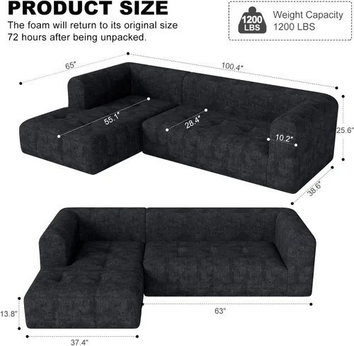 Vista 2 de Sofá seccional modular de 105", sofá sin estructura para sala de estar, sofá seccional tipo nube con asiento profundo, sofá en forma de L, sofás