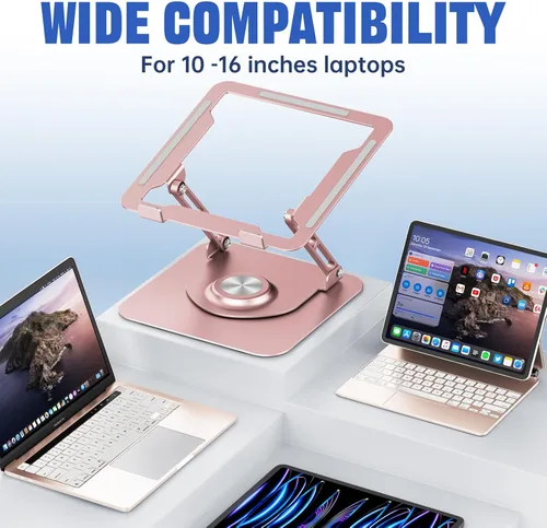 Vista 5 de Laptop Stand for desk(360°Rotating),Aluminum laptop Riser for 10-16"Laptops Oro rosa