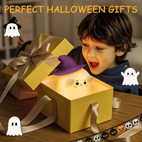 Vista 6 de Luz nocturna fantasma, luz nocturna de Halloween con temporizador, lámpara táctil suave y exprimible, lámpara recargable y regulable