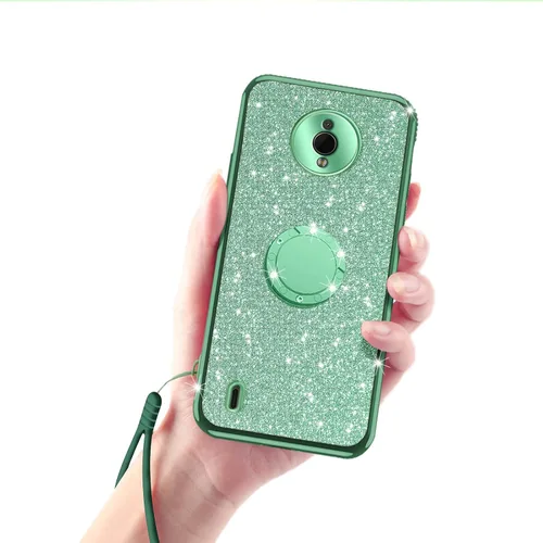 Vista 9 de Funda para Nokia C200, Nokia C200 (6.1 pulgadas) para mujer con purpurina de TPU suave y transparente, funda protectora de lujo con correa de Verde