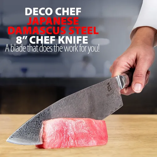 Vista 2 de Deco Chef Cuchillo de chef profesional de acero de Damasco de alto carbono de 8 pulgadas, 67 capas AUS-10, calidad japonesa afilada con mango