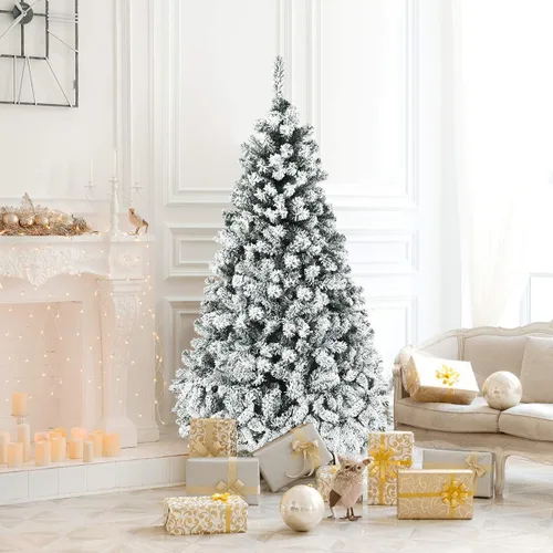 Vista 26 de COSTWAY Árbol de Navidad flocado de nieve de 6 pies, pino artificial con bisagras Blanco