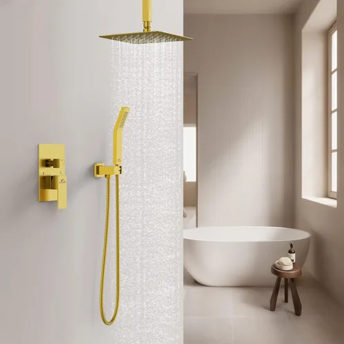 Vista 3 de SunCleanse juego de grifos con regadera tipo lluvia en oro cepillado, juego combinado para baño con cabezal de alta presión de 25.4 cm con válvulas