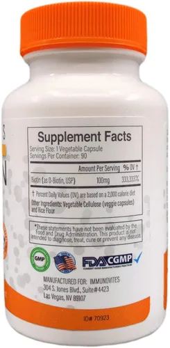 Vista 2 de IMMUNOVITES Biotina de dosis alta (como d-biotina, USP) 100mg (equivalente a 100,000mcg) 90 cápsulas, alta potencia