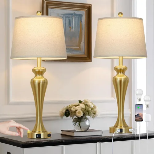 Vista 17 de Lámpara de mesa marrón oscuro de 30 pulgadas, lámpara de noche individual con control táctil de 3 vías con puertos USB A+C y salida de CA, lámparas