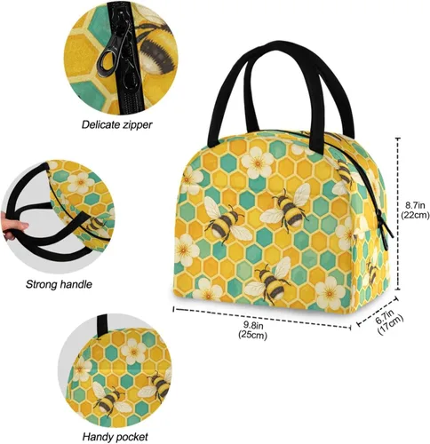 Vista 3 de Bolsa de almuerzo reutilizable con diseño de panal de abeja vintage, con bolsillo frontal, cierre de cremallera, bolsa térmica térmica