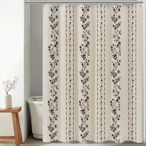 Vista 9 de ORTIGIA Cortinas de ducha negras para baño, juego de cortina de ducha moderna de lino con ganchos de metal, floral, impermeable, vintage, tela
