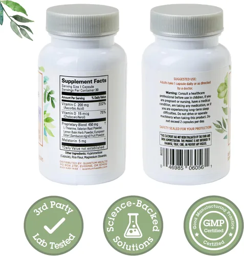 Vista 2 de Quantum Health Sleep - Suplemento de apoyo de melatonina inmune de 5 mg L teanina raíz de valeriana + saúco vitamina C y D inmunidad para aumentar