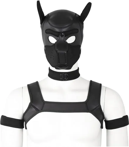 Vista 2 de BaronHong Kit de máscara de cabeza completa de neopreno para perro, disfraz novedoso con cuello y correa Negro