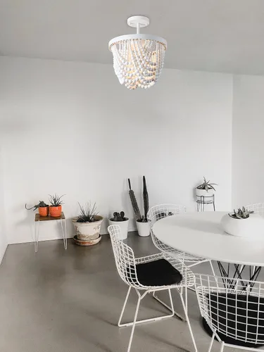 Vista 5 de Candelabro blanco pequeño con cuentas de madera, lámpara de techo semiempotrada, 3 lámparas bohemias para dormitorio, cuarto de bebé, sala de estar