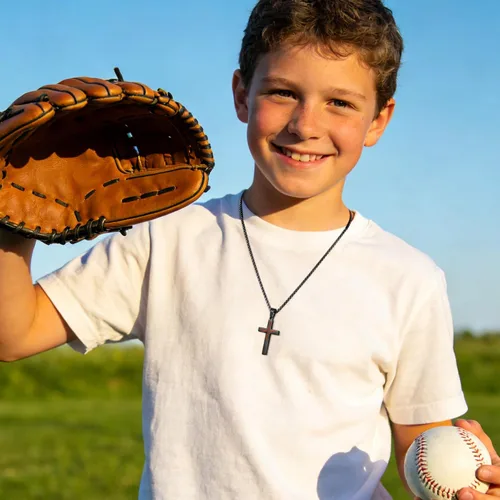 Vista 3 de Regalos de Pascua para niños y adolescentes, collares de cruz de béisbol para niños y hombres, de acero inoxidable que no destiñe, collar