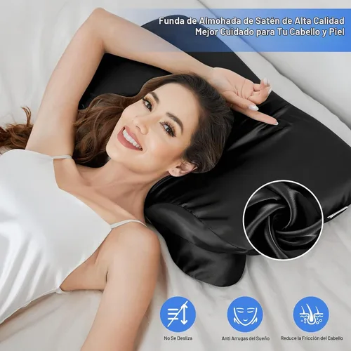 Vista 2 de Funda de almohada de satén para almohada cervical Zelimun - Funda ergonómica, funda de almohada suave y lisa, funda de almohada negra con cremallera