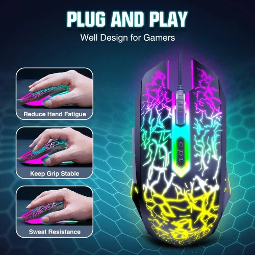 Vista 3 de BENGOO Ratón para juegos con cable, ergonómico para computadora portátil gamer, mouse óptico para computadora con retroiluminación RGB, 4 DPI