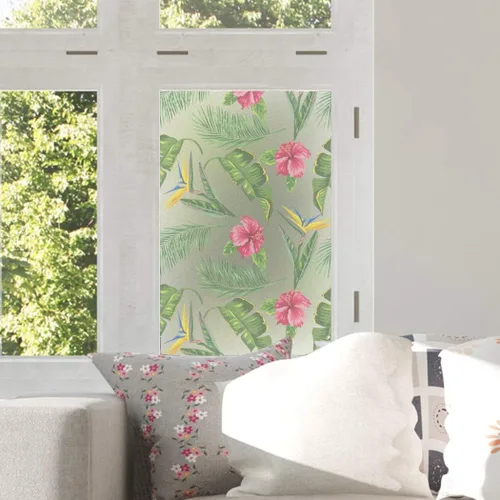 Vista 2 de RoyalWallSkins - Lámina decorativa estática para ventana impresa en films esmerilados de palmeras Hibiscus para privacidad en casa y en la oficina