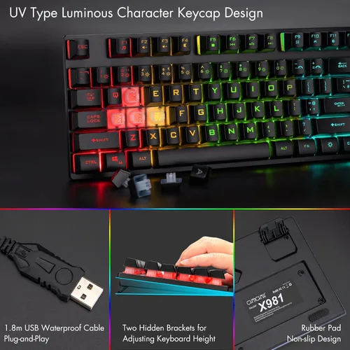 Vista 5 de CHONCHOW Teclado para juegos con cable para Mac, PC, PS5, PS4, Xbox One, teclado de sensación mecánica LED retroiluminado RGB con teclas multimedia
