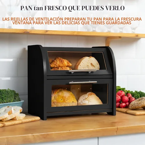 Vista 2 de Arise Panera de Bambú Elegante para Encimera de Cocina, Contenedor de Almacenamiento de Pan de Madera Extra Grande de 2 Estantes con Ventanas Negro