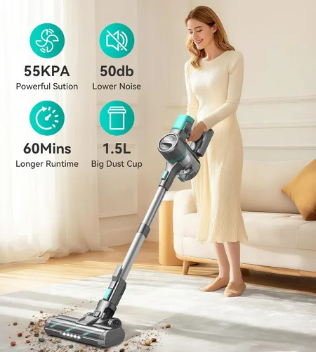 Vista 2 de S10K - Aspiradora inalámbrica de palo, 55 kPa, 60 minutos, aspiradora ligera con potente succión para el hogar, recargable, autoportante