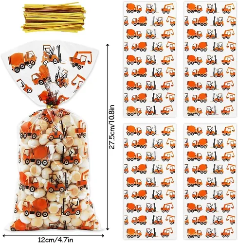 Vista 3 de 100 piezas de construcción excavadora excavadora grúa de cemento con temática de camión de cemento, bolsas de celofán de plástico, bolsas de regalo