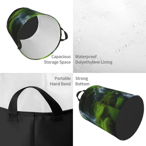 Vista 4 de Waterfall Green print Circular Hamper Waterproof Storage Bin Organizer Basket Laundry Hamper With Handles For Clothes Toys Small
