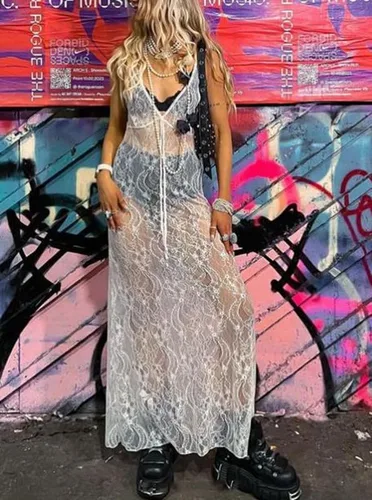 Vista 5 de Vestido largo Y2K para mujer, con tirantes delgados, hueco, recortado, espalda descubierta, ajustado, vestido largo halter, vestido de fiesta
