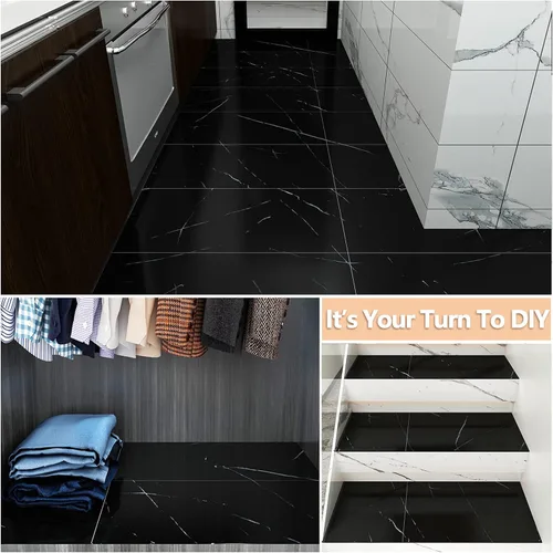Vista 6 de VEELIKE Azulejos de suelo de mármol negro de 12 x 24 pulgadas para despegar y pegar, para baño, impermeables, autoadhesivas, calcomanías de vinilo