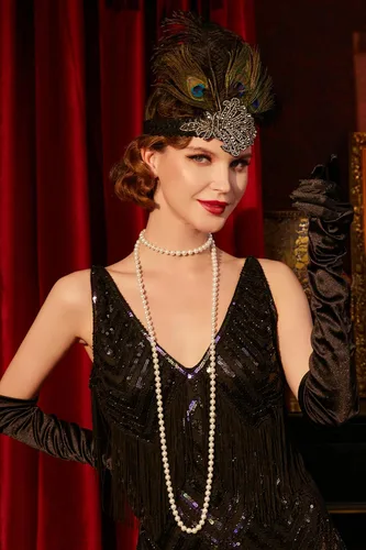 Vista 2 de Disfraz Babeyond, moda de 1920, accesorios estilo Gatsby, diadema, collar de perlas, guantes, boquilla para cigarrillo, talla única , Set-1
