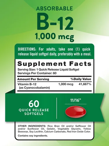 Vista 2 de Nature's Truth Vitamina B12 1000 mcg 60 cápsulas blandas Suplemento sin OMG y sin gluten