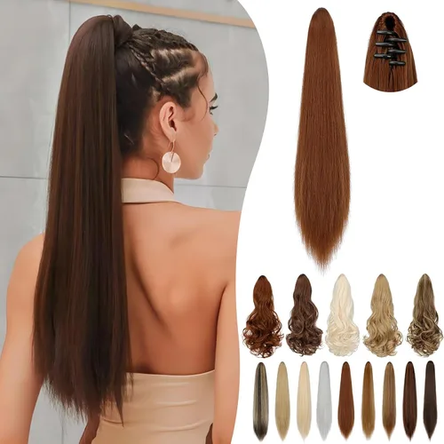 Vista 19 de Extensión de cola de caballo de 18 pulgadas, 20 pulgadas, larga, rizada, ondulada, recta, con clip, de aspecto natural, extensión de cabello