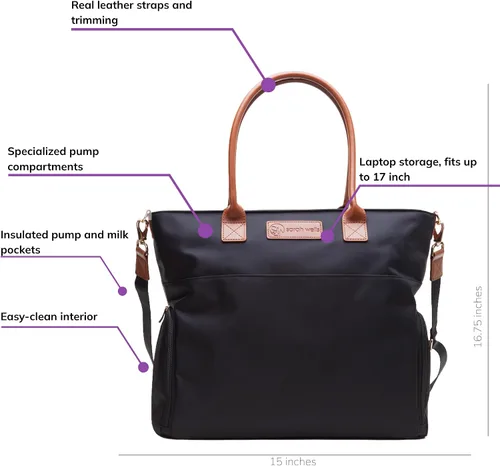 Vista 3 de Sarah Wells Abby - Extractor de leche, Negro, 1 Unidad (Paquete de 1) Fits All Portable Pumps, Structured, Insulated Pockets, Real Leather Straps