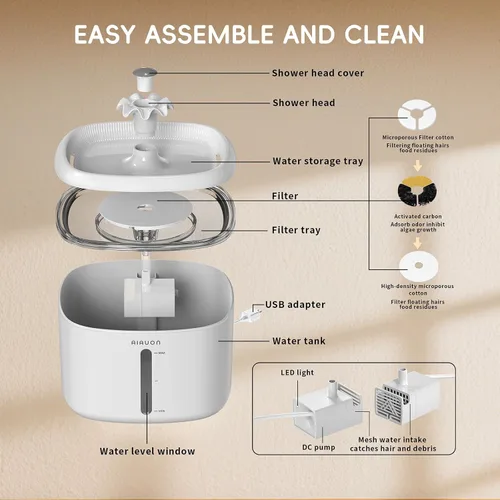 Vista 7 de Fuente de agua para gatos, fuente para gatos de 84 onzas / 2.5 L, dispensador automático ultrasilencioso de agua para mascotas mejorado con 3