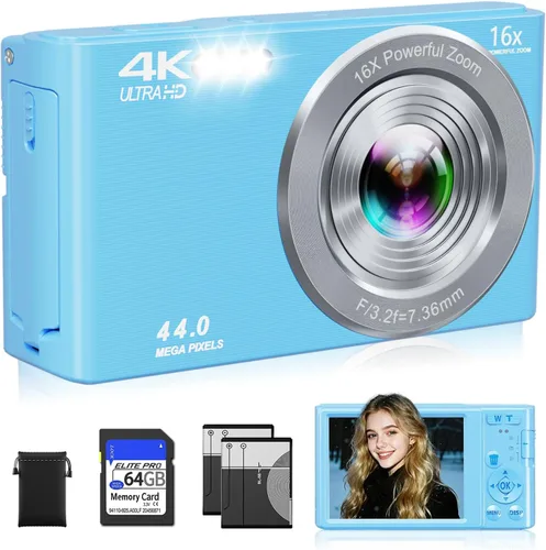 Vista 14 de Cámara digital 4K, cámara digital compacta digital de enfoque automático, zoom digital de 16X, cámara de viaje mejorada con tarjeta SD de 64 GB, 2