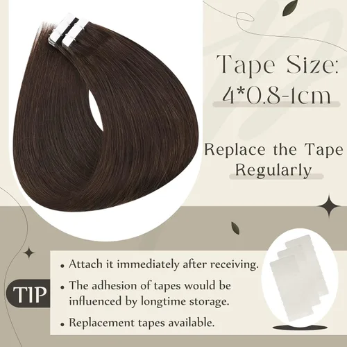 Vista 4 de Full Shine Extensiones de cabello con cinta marrón y extensiones adhesivas de 12 pulgadas, cabello humano real de 2.12 oz para mujer