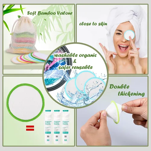Vista 2 de XSEINO Almohadillas desmaquillantes reutilizables (paquete de 40) con material de fibra de bambú natural lavable, almohadilla de algodón de bambú