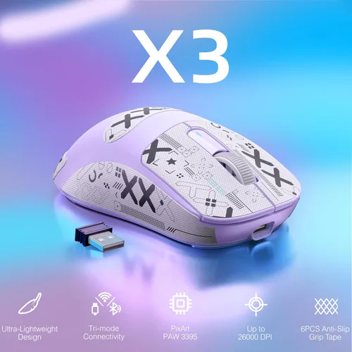 Vista 4 de ATTACK SHARK X3 - Mouse inalámbrico ligero para juegos con tres modos de 2.4G/USB-C con cable/Bluetooth, 26K DPI, sensor óptico PAW3395, interruptor