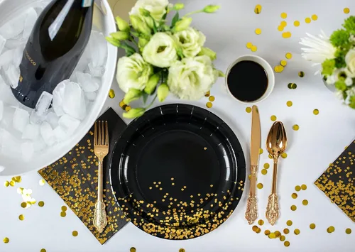 Vista 3 de Platos negros de papel negro de 9 pulgadas, 50 unidades, platos de papel negro y dorado para fiesta, 21 cumpleaños, graduación, Año Nuevo
