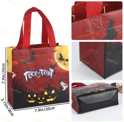 Vista 3 de PARSUP 20 bolsas de Halloween para dulce o truco, no tejidas grandes bolsas de regalo con asas para envolver regalos, suministros de fiesta, 7.9 x