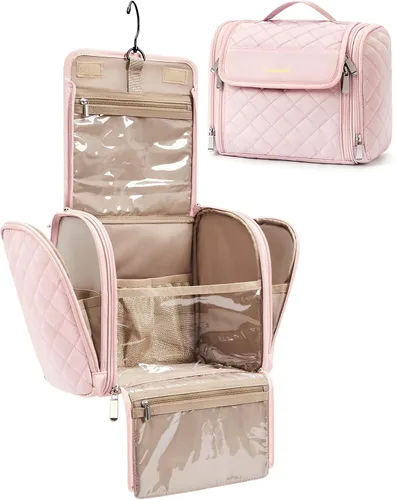 Vista 11 de BAGSMART Neceser de viaje para maquillaje con gancho para colgar, bolsa de cosméticos, organizador de gran capacidad, resistente al agua, para Beige