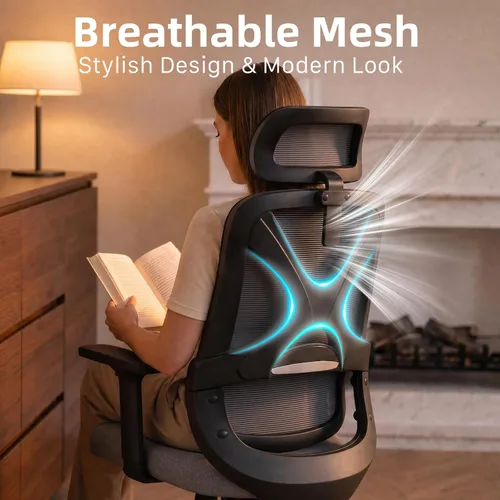 Vista 5 de Silla de escritorio ergonómica de respaldo alto con soporte lumbar ajustable y reposacabezas, silla de escritorio de oficina en casa
